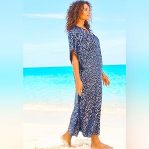 Navy Blue Metallic Polka Dot V-Neck Swim Caftan Plus Size– Boho Beach Coverup